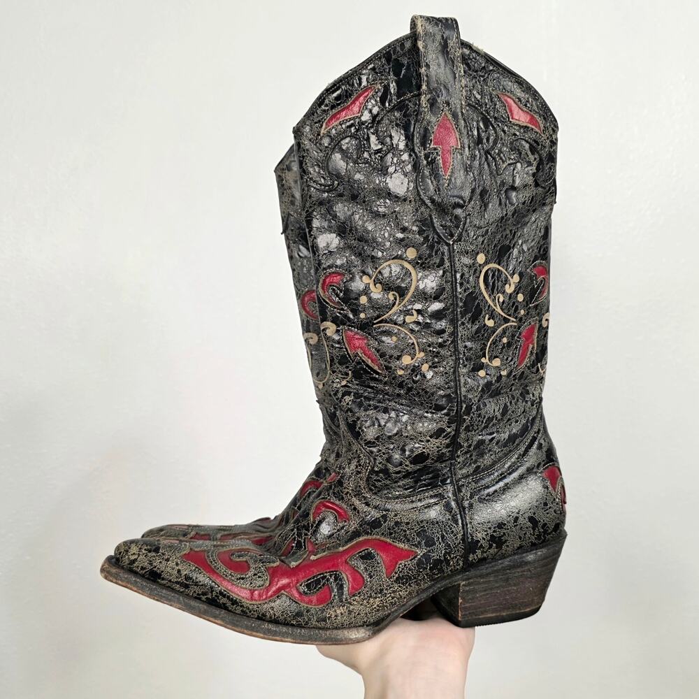 Y2K Black Red Flame Cowboy Boots Pecos Bill Leather Womens Size 6.5 Cowgirl